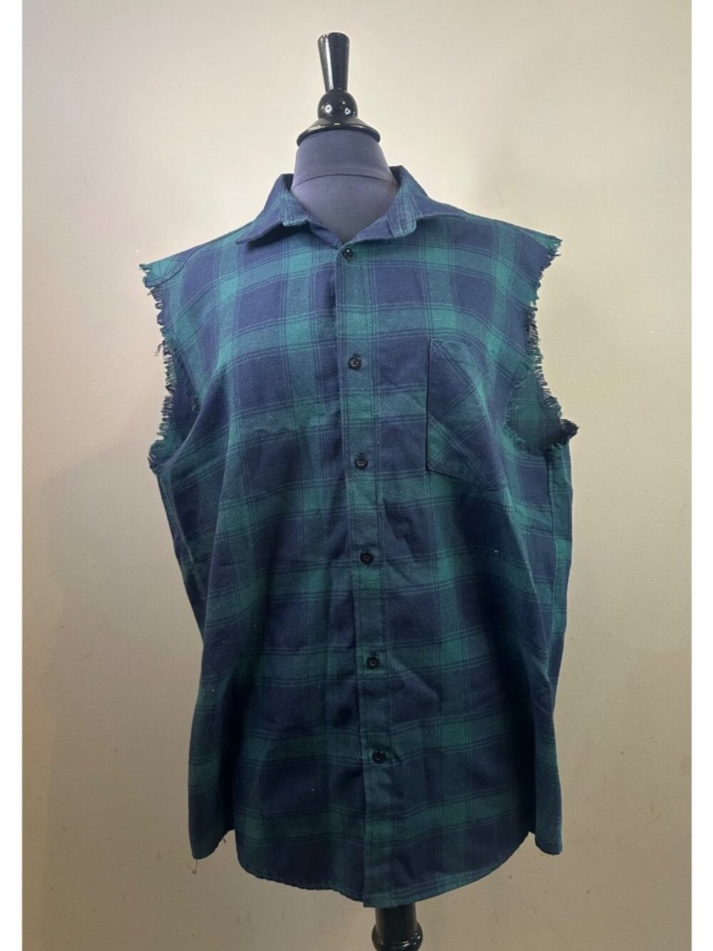 LOGEEYAR Men's Sleeveless Shirt Blue Green Plaid Flannel Shirt Button Down XL